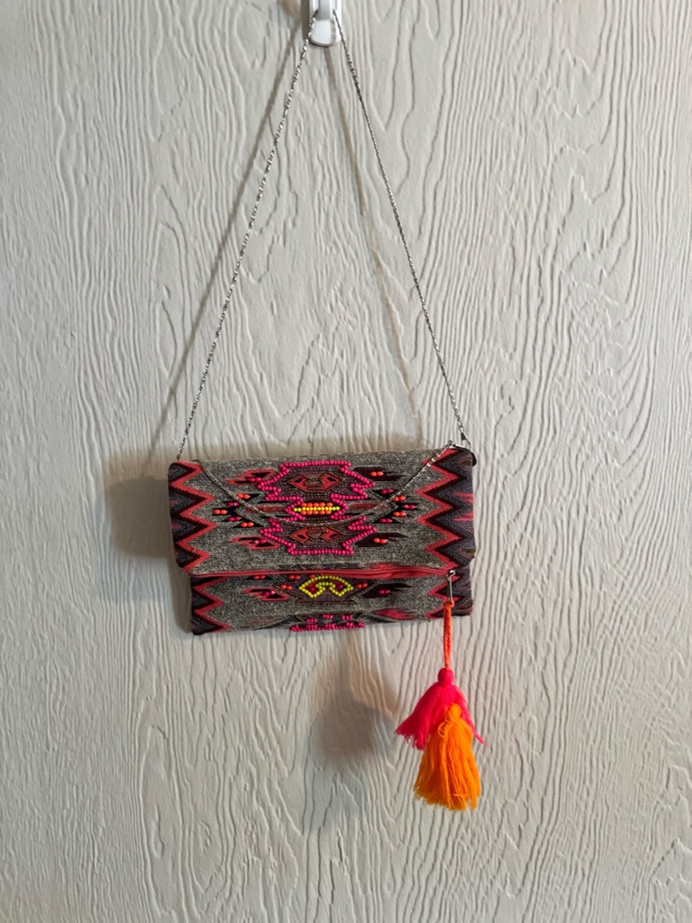 Gray Embroidered Foldover Clutch with Pink & Orange Tassel Accent